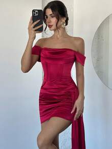 Firerie Women's Elegant Satin Off Shoulder Ruched Mini Dress,Burgundy Summer 70s Night Out Party,Vintage Pleated Draped Wedding Guest Dress,Y2K Outfit - Burgundy - View 9