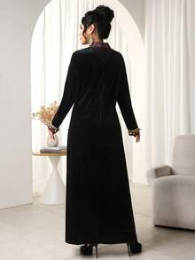 Al Najma 女士优雅佩斯利印花拼接阿拉伯风格连衣裙 - 黑色 - 查看 6