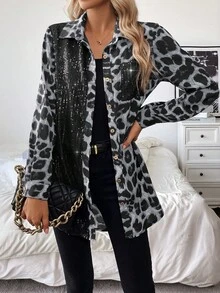 EMERY ROSE Women's Leopard Print Party Autumn And Winter Music Festival Casual Home Date Black Sequin Button Splicing Color Block Loose Long Sleeve Shirt - Grey - View 4