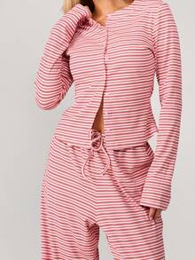 MISSGUIDED 女士条纹两件套套装，纽扣长袖露脐上衣搭配阔腿裤，休闲家居服。 - 粉色 - 查看 3