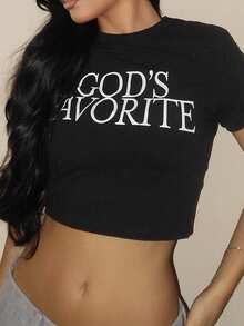 AfricaSnchz 女士简约印花短款上衣修身 T 恤 GOD'S FAVORITE 图案 T 恤女士上衣 - 黑色 - 查看 5