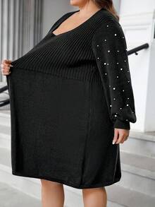 SHEIN CURVE+ Christmas Plus-Size Women's Beaded Square-Neck Dress, Winter Woolen Dress - Black - View 5