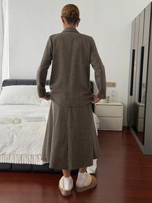 DAZY Vintage Suit Set For Women, Winter, Refined Mature Vibe, Wool Blend Jacket & Skirt 2 Pieces Set - Brown - View 2