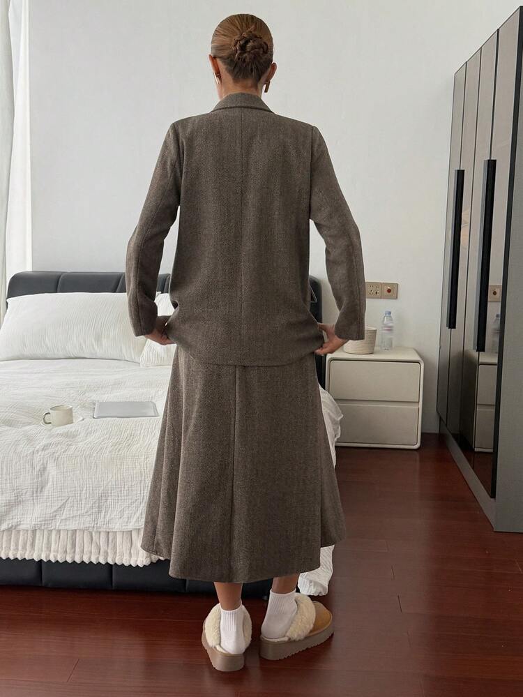 Vintage Suit Set For Women, Winter, Refined Mature Vibe, Wool Blend Jacket & Skirt 2 Pieces Set