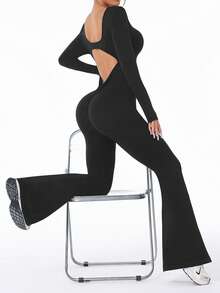 Easithlete 无缝高弹力背部 V 型提升运动连体裤，黑色长袖连体裤，黑色长袖连体裤 - 黑色 - 查看 8