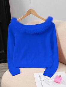 Franclia 女士纯色针织长袖休闲时尚拼布毛领毛衣 - 藍色 - 查看 6