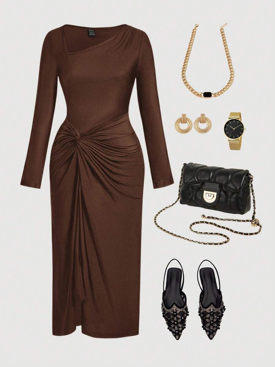 SHEIN MOD Plus Size Brown Elegant Asymmetrical Neckline Ruched Twist Long Dress/Christmas Dress - Brown - View 1