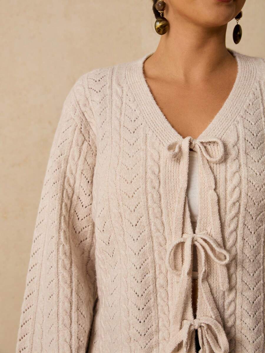 SHEIN VCAY Plus Size Women Solid Color Long Sleeve Front Tie Hollow Out Casual Knit Cardigan/Winter - Beige - View 1
