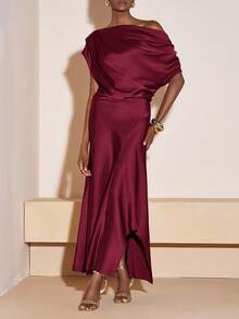 Zivah 2025 Autumn New Music Festival, Easter, St. Patrick's Day, Western, Nomadic, Birthday Party, Graduation Season, College Style, Student Wear, Daily Casual, All-Match Versatile, Leisure, Vacation, Cruise Travel, Beach, Sunbathing, Viral , Streetwear, Wedding Guest Boho, Commute, Brunch, Airport, Party & Holiday Outfits, Asymmetric Shoulder Long Satin Shiny Dress, Purple Dress Maroon Dress Satin Midi Dress Asymmetrical Dress - Burgundy - View 1