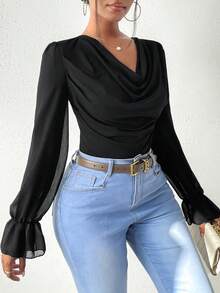 VaVaBold Women's Solid Color Ruffled Collar & Cuff Elegant Fashionable Bodysuit - Black - View 7