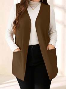 SHEIN PETITE CURVE Plus Size Solid Color Sleeveless Loose Pocket Simple Casual Coat,Spring/Summer,Vacation In Fall/Winter - Brown - View 5