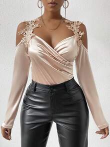 VaVaBold Women's Guipure Lace Patchwork Ruched Open-Shoulder Bodysuit Fall Cloth For Women - Apricot - View 5