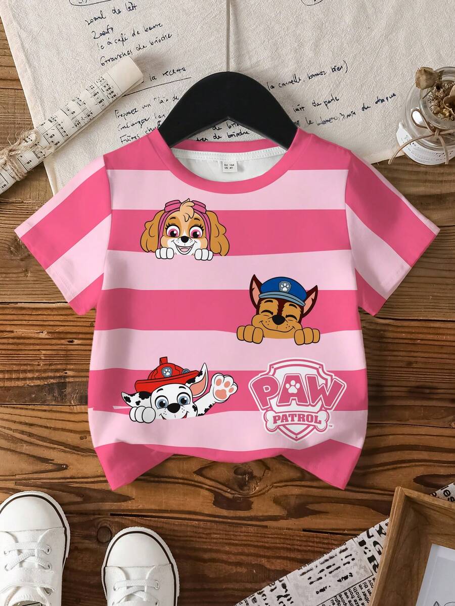 SHEIN | PAW Patrol 女童夏季休闲可爱卡通狗双色条纹印花短袖T恤 - 白色 - 查看 1