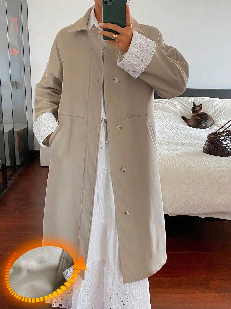 DAZY 撞色蕾丝宽松长款风衣，配抓绒袖口，优雅女士秋冬款 - 卡其色 - 查看 1