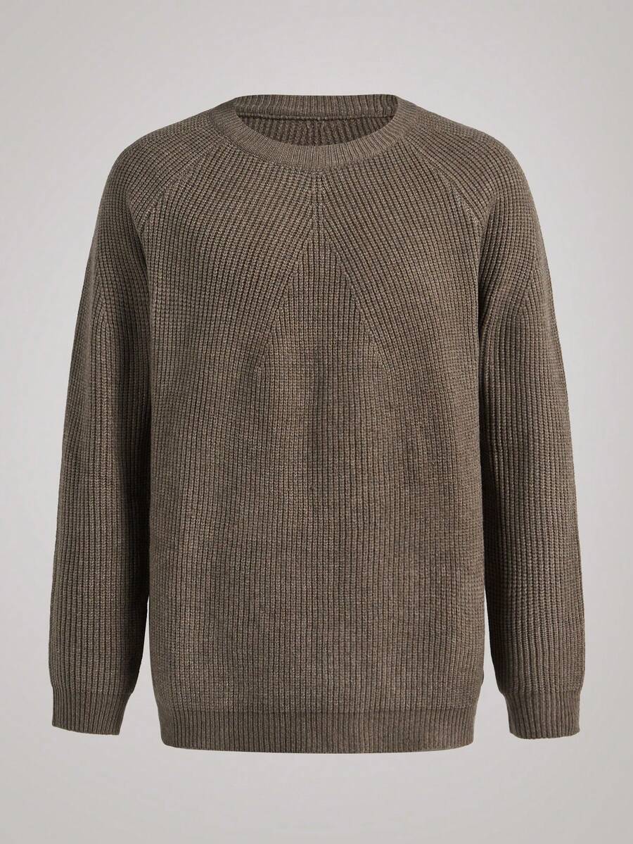 OFFICEAU Men's Old Money Oversized Crew Neck Khaki Sweater, Fall Winter - Khaki - View 1