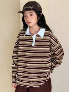 Dazy Kids 少女秋季服装翻领条纹撞色长袖T恤，春季 - 棕色 - 查看 5
