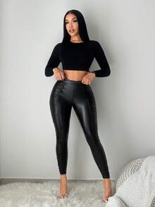 SHEIN SXY 女士褶皱休闲黑色皮革街头紧身裤 - 黑色 - 查看 8