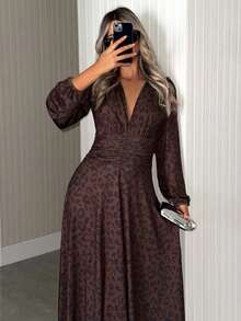 EURMUSE Leopard Print Long Sleeve Short Dress - Brown - View 3