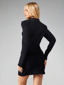 MISSGUIDED Fuzzy Teddy Mini Dress Long Sleeve High Neck Bodycon Winter Cozy Party Dress - Black - View 2