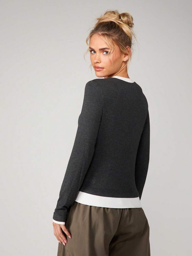 MISSGUIDED Contrast Ribbed Long Sleeve Crew Neck Top With White Trim Detail For Casual Fall Winter Layering