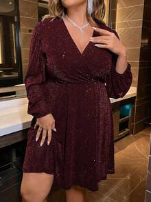 Femmeverse Plus Size Women's Glittery Wrap Dress For New Year Clothes