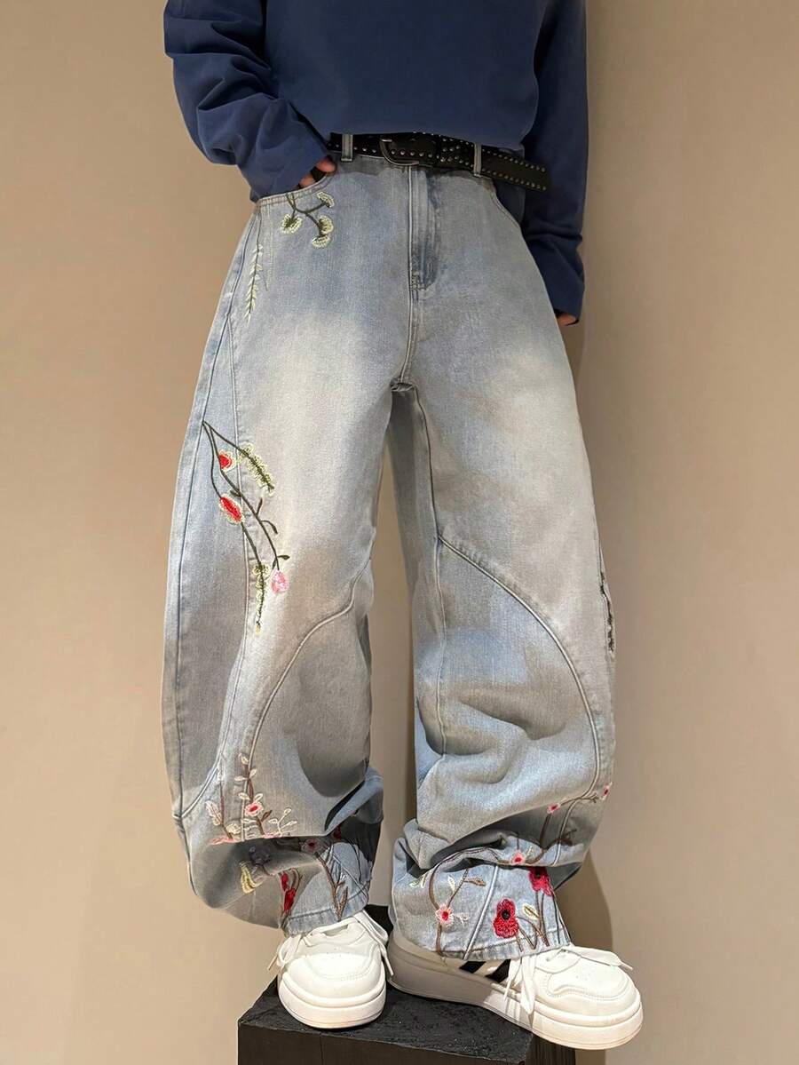 STEELVANCE Męskie jeansy z szerokimi nogawkami i kwiatowym haftem w stylu street fashion - Niebieski - Zobacz 1