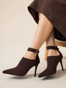 CUCCOO BASICS Damen Mode Kaffeefarbe Knöchelriemen Strickstoff Spitzschuh Stiletto Absatz Knöchel Stiefel, sexy für Dates, Partys, festliche Anlässe zu Weihnachten - Kaffeebraun - Übersicht 9