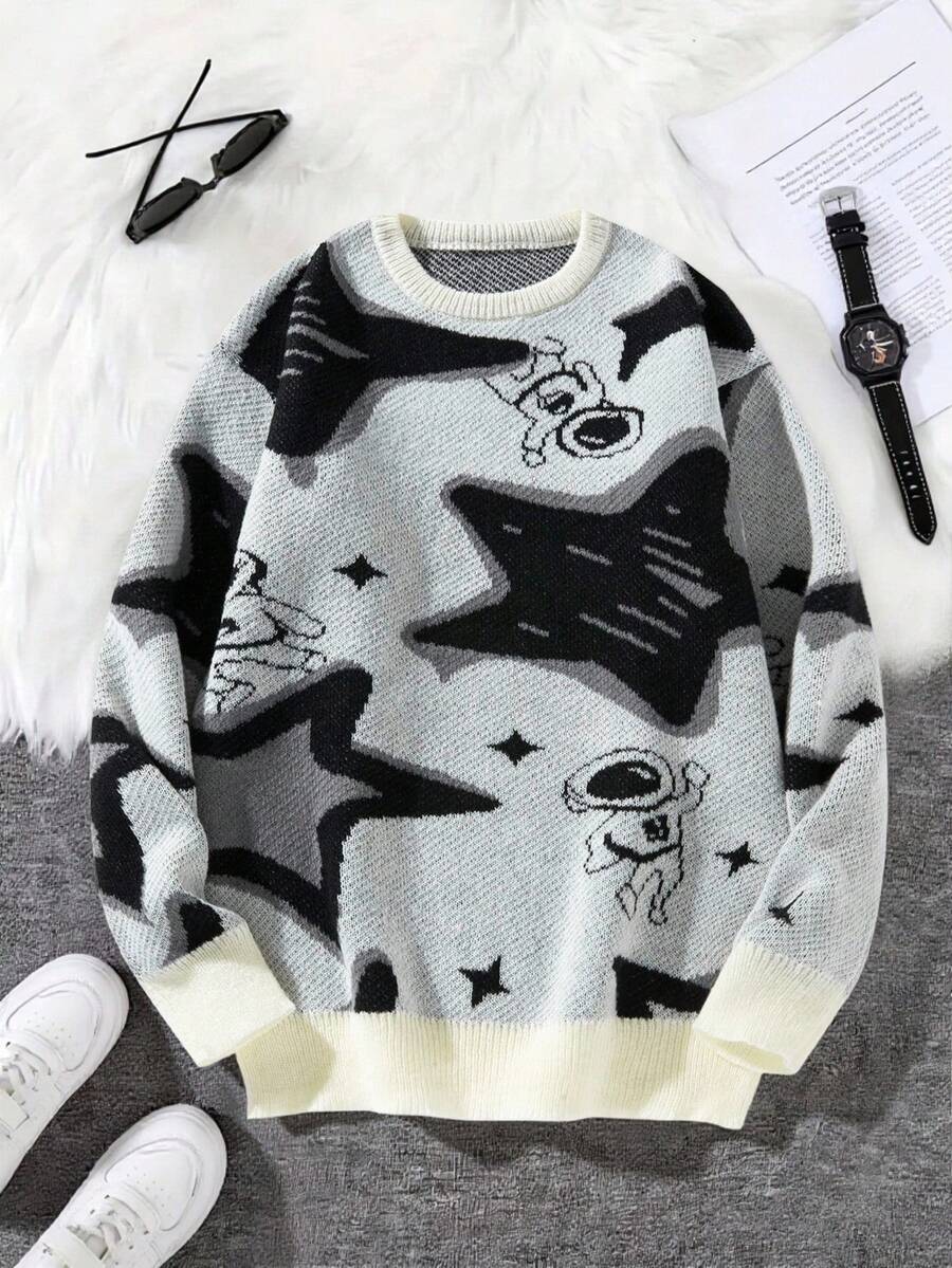 Manfinity Hypemode Suéter masculino casual de manga comprida com gola redonda e estampa de pentagrama, ideal para outono/inverno. - Branco - Ver 1