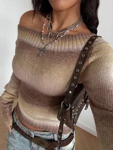 StreetHx 女式渐变色街头风宽松露肩套头毛衣，秋冬 - 彩色 - 查看 6