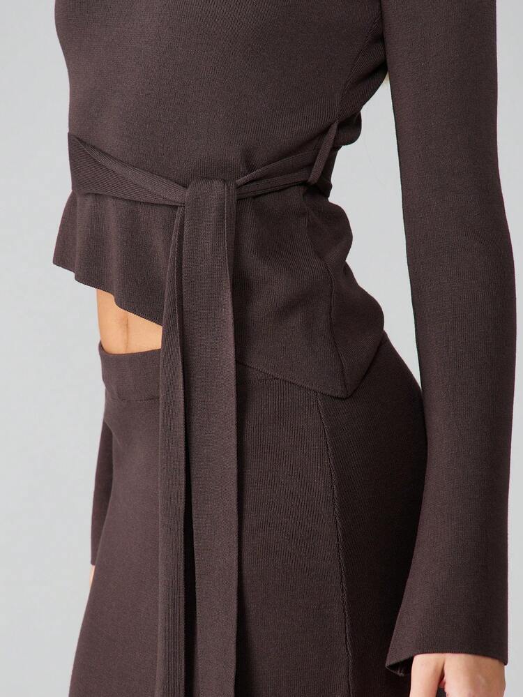 MISSGUIDED Off Shoulder Long Sleeve Tie Waist Knit Top And Maxi Skirt Ribbed Two Piece Coordinate Set For Fall Winter