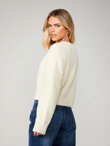 MISSGUIDED Fuzzy Button Front Cardigan With Decorative Crystal Embellished Closures Winter Cozy Knit Sweater - Pale Yellow - View 2