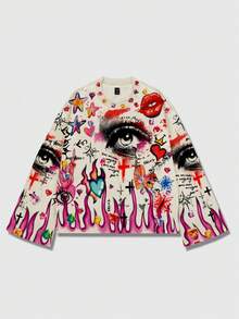 ROMWE MEN Street Life Unisex Punk Street Style Heavy Graphic Print Long Sleeve T-Shirt, Suitable For Spring, Autumn And Winter - Apricot - View 3