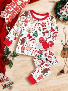 SHEIN Young Girls Christmas Red, Christmas Eve, Super Cute Gingerbread Man, Bow Heart Print, Christmas Limited Edition Gift, Retro Warm Cute Christmas, Festival Holiday Style Pajamas, Young Girl Casual Soft Comfortable Long Sleeve Long Pants Thermal Lined Loungewear Suitable For Autumn/Winter, Snug Fit, Home, Christmas Party Outfit - Multicolor - View 4