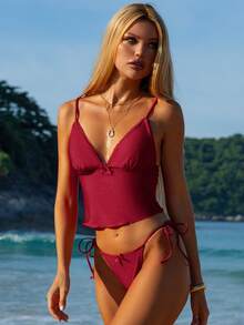 Swim Mod Maillot de bain tankini pour femmes de couleur rouge unie avec décoration de nœud, design simple, pour le printemps et l'été à la plage - Rouge foncé - Voir 6