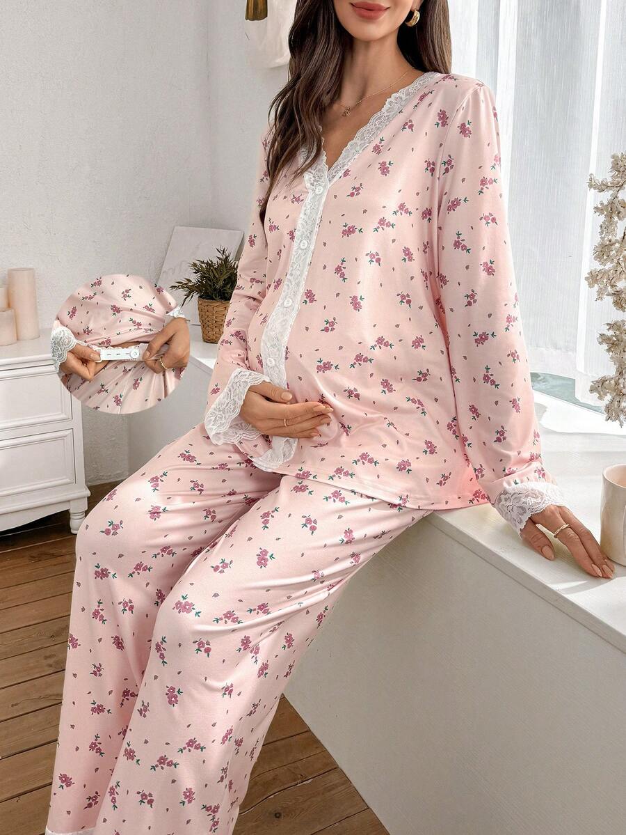 Moonlight&Mama Maternity Moonlight & Mama Romantic Floral Contrast Lace Long Sleeve Pajama Set Sleepwear , Fall & Winter