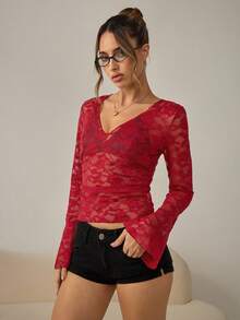 Women's Lace V-Neck Long Sleeve Sheer Sleepwear Top - Burgundy - View 4