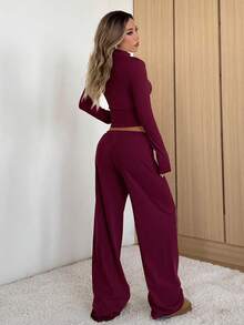 SHEIN EZwear 女士修身夹克和裤子休闲套装 - 酒紅色 - 查看 2