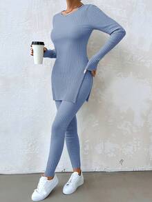 RueChic Của phụ nữ Vòng cổ Tách ra mặt trước Đúng mốt Tay áo dài Áo Và Cơ bản Quần 2 cái/bộ - Màu xanh nhạt - Xem 5