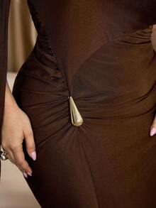 Modelyn Plus Size Women Solid Color Boat Neck Ruched Metal Decor Elegant Dress Chocolate Brown Dress Dress With Cape Long Brown Dress Brown Elegant Dress Women Brown Sexy Dress - Rust Brown - View 6