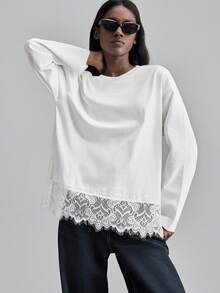 Ontre Lace 2026SS Spring/Summer Party Valentine's Day T-Shirt Top, Women's Spring/Summer Apparel, Round Neck White Lace Patchwork Elegant Minimalist Women's T-Shirt, Spring/Summer Vacation Party Holiday Office Wear Professional Attire Casual Wear - White - View 6