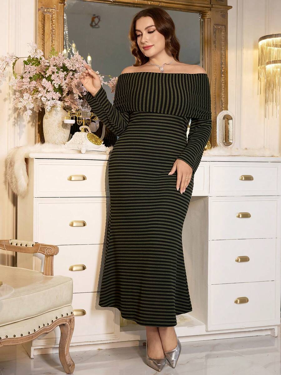 Modelyn Plus Size Striped Knit Off Shoulder Casual Comfortable Dress - Multicolor - View 1