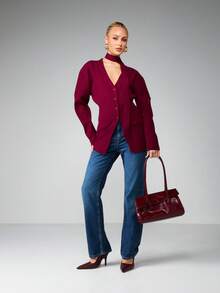 MISSGUIDED Burgundy Structured Curved Sleeve Cardigan With Mock Neck Scarf Detail Fall Winter Knitwear - Hot Pink - View 4