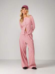 MISSGUIDED 女士条纹两件套套装，纽扣长袖露脐上衣搭配阔腿裤，休闲家居服。 - 粉色 - 查看 4