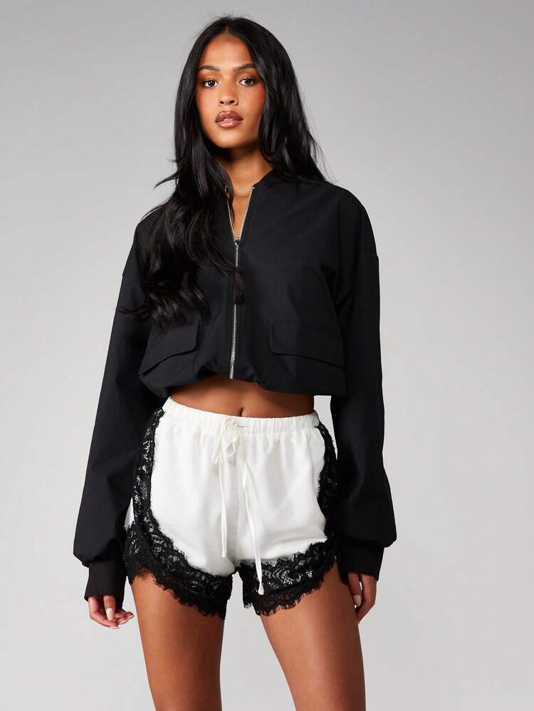 MISSGUIDED Women's Drawstring Shorts With Lace Trim Detail Casual Summer Lounge Sleepwear Bottoms