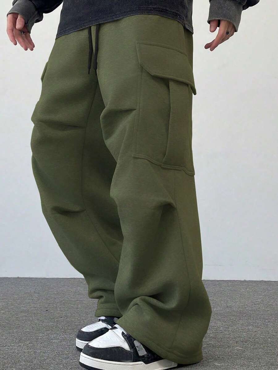 Manfinity Hypemode Men's Solid Color Casual Loose Fit Sweatpants, Fashionable And Versatile Baggy Cargo Pants - Army Green - View 1