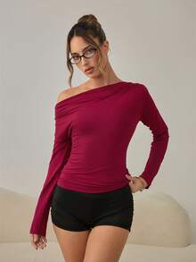 SHEIN Women's Off-Shoulder Base Layer Y2k Sexy Casual Burgundy, Slim Fit Long Sleeve T-Shirt For Daily Wear, Commuting, Home - Burgundy - View 3