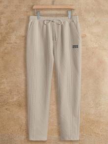 HIMLAND 2件套男士字母图案圆领短袖针织休闲T恤和抽绳腰裤 - 卡其色 - 查看 5