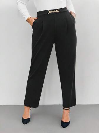 SHEIN Privé 大码女式腰链装饰褶皱口袋优雅长裤