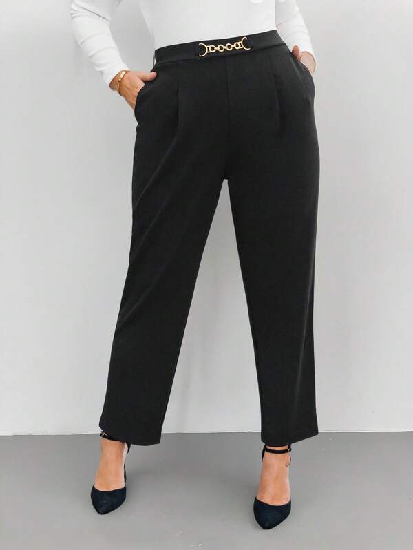 SHEIN Privé Plus Size Women's Waist Chain Decor Pleated Pocket Elegant Pants