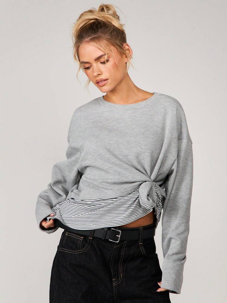 MISSGUIDED Oversized Long Sleeve Ribbed Knit T-Shirt With Contrast Hem Detail Crew Neck Casual Layering Top Fall Winter Essential
